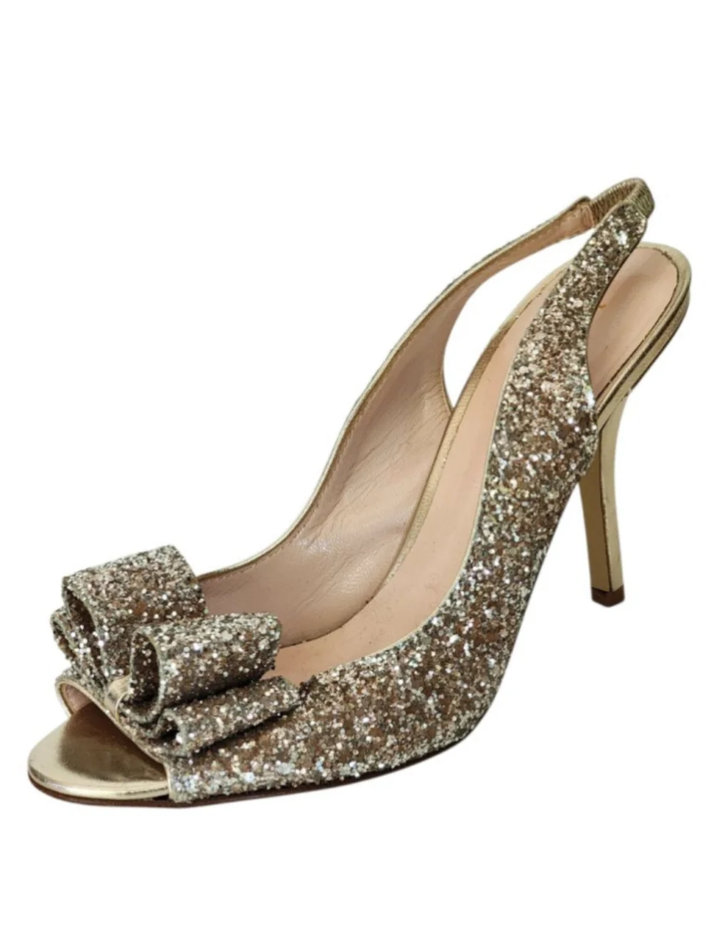 KATE SPADE Charm‎ Gold Glitter Bow Peep Toe Slingback Sandals Wedding Size 6.5